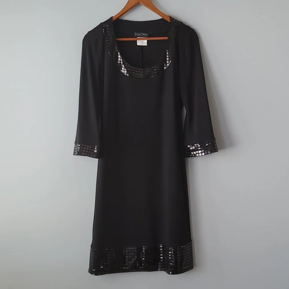 Blue Sage Black Scoop Neck Metallic Shift Mini Dress NWOT Womens Medium - Picture 1 of 8